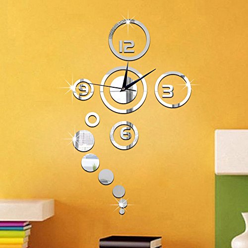 Forepin® DIY Wanduhr Moderne 3D Wandtattoo mit Spiegel Design Dekoration Clock Uhr für Öffentliche Wohnzimmer Büro Schlafzimmer Studierzimmer – Silber - 3
