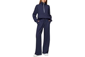 HOOUDO Womens Two Piece Full Set Tracksuit Long Sleeve Oversized Half Zip Sweatshirt Pullover Drawstrings Wide Leg Trousers Sweatpants Outfits Ladies Gym Sports Casual Activewear Lounge Sets
