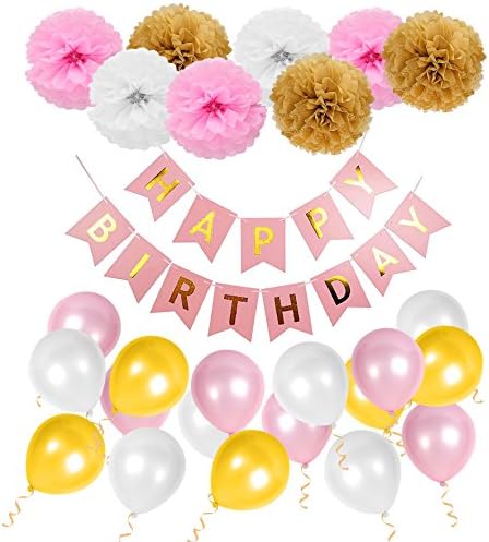 Happy Birthday Decorations Bunting Banner with Pearl Balloons Pom poms Tissue Flowers Garland for Girls in Pink -- Party Supplies by WonderforU (Pink)