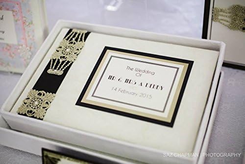 Luxury Boxed &amp; Personalised Gatsby Art Deco 1920's theme Wedding Guest Book (Standard 6"x9", Dark ivory/Cream)
