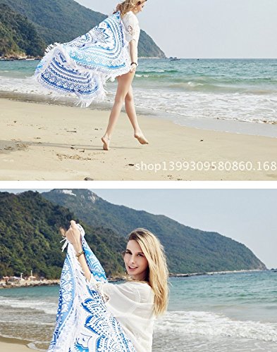 FuXing Runde Strand Handtuch mit Quaste, Böhmen Stil Kann als Tapisserie, Strand Decke, Strand-Schal, Bettwäsche Tagesdecke, Zigeuner Wandbehang, Runde Tischdecke, Deko-Wandbehang, Runder Meditations-Yogamatte, 59 Zoll Durchmesser (Blau) - 4