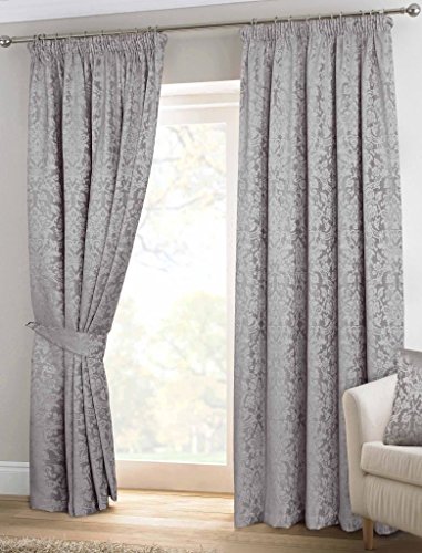 Homescapes Klassischer Samt Jacquard Vorhang Thermovorhang Kräuselband grau L 137 x B 165 cm Fertiggardinen blickdichte Vorhänge 2 Stück