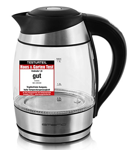 Emerio Glas Wasserkocher, 1.8 L, kabellos, 2200 Watt, Temperaturwahl 60|70|80|90|100°C, LED Beleuchtung, Warmhaltefunktion, WK-109469