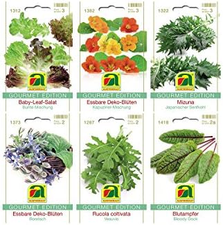 6 varieties | Vegetable seeds Assortment | Gourmet Edition | Set for arugula Baby Leaf Salad Mizuna Borage Nasturtium Blood Steamer | for cultivation in garden-bed and balcony