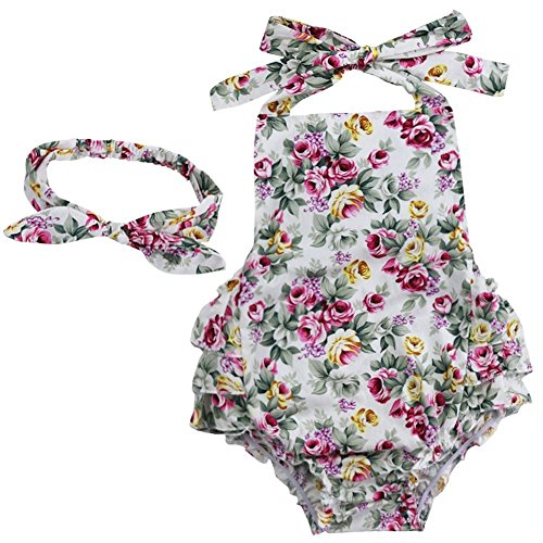 TiaoBug Baby Girls Floral Cherry Ruffles Romper Bodysuit Summer Dress with Headband White Rose 12 Months