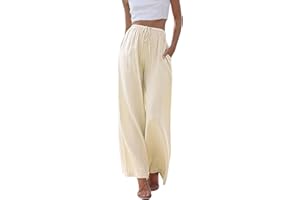 CMTOP Pantalones Mujer Verano Casuales de Lino de Algodón Cintura Alta Pierna Ancha Pantalones con Bolsillos Salón Cordón Elástico Cintura Suelta Cómodo Pantalones