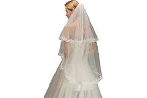 IYOU Blanc Mariage De Mariée Voile 2 Niveaux Fleur Voiles de Tulle Dentelle Appliqué Bout du Doigt Longueur Voile de Mariée avec Peigne pour Femmes (Ivoire)
