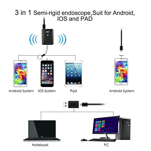 AQV Endoskop Kabelloses WiFi Endoskopkamera wasserdichte Inspektionskamera mit 2,0 Megapixel 720P HD halbsteife Kabel Boreskope Schlange kamera fÃ¼r Android und IOS Smartphone 5m