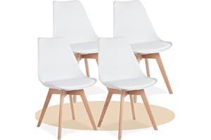 Dekohome Sillas de Comedor, Sillas de Cocina con Respaldo Ergonómico, Asiento Acolchado Tapizado y Patas de Madera Maciza de Haya (Blanco, 4 Sillas)