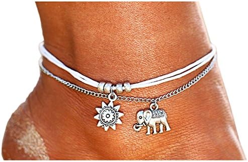 Retro Sun Flower Elephant Anklet, Fashion Weave Anklet Bracelet Foot Chain Accessories Beach Jewelry for Women and Girls