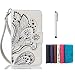 Produktbild MUTOUREN LG G4 leder - PU Brieftasche Schutzhülle Schlag-Mappen-Kasten-Abdeckung mit Credit Card Slots im Book Style [Kratzfeste, Scratch-Resistant] Bumper Pfau Blumen Weiß + Metall Stylus Stift