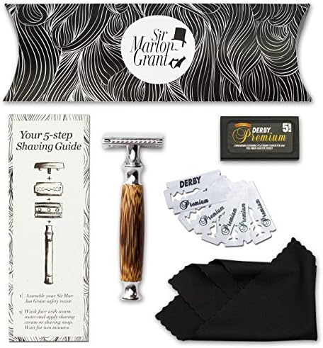 Shaving Kit by Sir Marlon Grant – Gift set including a double edge safety razor with chrome &amp; Bamboo wooden handle, 5 Derby Premium razor blades &amp; a microfiber cleaning cloth – for traditional wet shaving