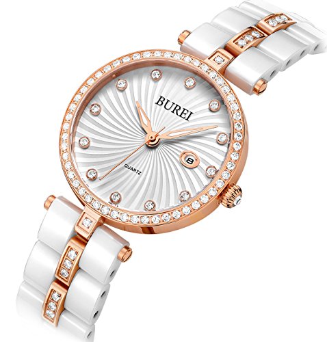 BUREI Elegante Rosegoldenen Damen Quartz Armbanduhr mit weißes Keramikarmband und Werkzeug zum Kürzen des Armbands BUREI Elegante Rosegoldenen Damen Quartz Armbanduhr mit weißes Keramikarmband und Werkzeug zum Kürzen des Armbands