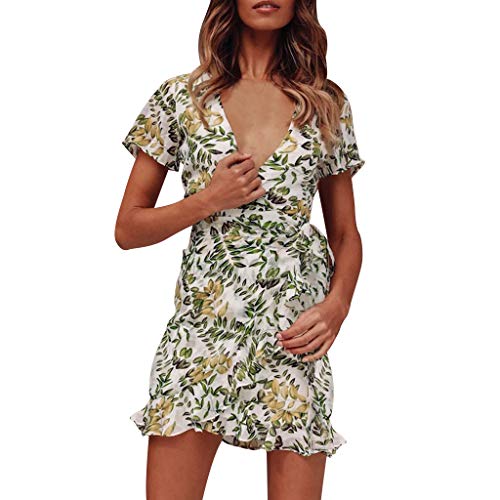 KaloryWee Dresses Women Ruffles Prints Short Sleeve V Neck Evening Party Dress with Belt