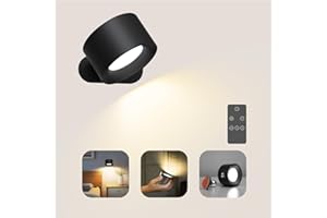 Coollamp Battery Wall Light, Indoor Wall Lamp with Remote/Touch Control, Rechargeable Battery, 3 Color Modes, 3 Dimmings, 360 ° Rotate, LED Wall Sconce for Reading Bedroom Living Room-Black 1PC