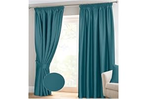 RAYYAN LINEN Thermal Pencil Pleat Blackout Tape Top Pair of Curtains With Free Tiebacks (46" X 72", Teal)