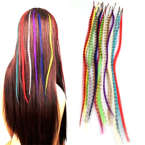 Set 18 Colores Mechones Sintéticos Extensiones de Cabello Pelo Pluma + Anillas