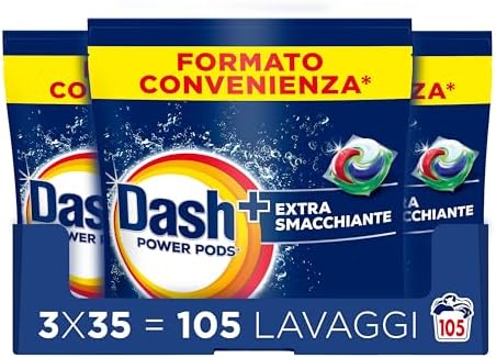 Dash Power Pods Detersivo Lavatrice In Capsule Extra Smacchiante, 105 Lavaggi (3x35), Rimuove anche le macchie secche da 7 giorni, per una pulizia impeccabile