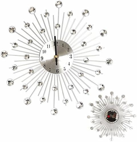 Excellent Quality 32.5cm Novelty Diamond Crystal Jeweled Beaded Sunburst Wall Clock living room Silver Wire Without battery