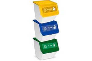 AC Lot de 3 poubelles empilables en polypropylène - Poubelle de recyclage des déchets, ouverture facile - 36 L - Plastique, verre et papier - 36 x 38,5 x 38 cm