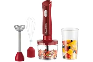 Russell Hobbs Mixeur plongeant [3 en 1 : mixeur, fouet, hachoir] Blender Rouge (bol 600 ml, smoothies, soupes, sauces, dips, lames en acier inoxydable, lavables au lave-vaisselle, sans BPA) 27142-56