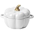 Dutch Oven Pot with Lid, 15 Oz Cute Pumpkin Ceramic Dessert Saucepan with Handle, Mini Pumpkin Bowl Baking Dish, Covered Stockpot Pottery Casserole, Halloween Thanksgiving Decor (White)