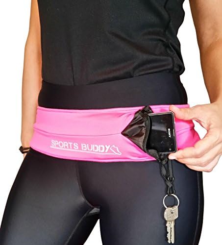 Sport Buddy Running Belt | Adjustable Elastic – Water Repellent Case With Zip For Mobile Phones, Smartphones, iPhones, Keys – Jogging Belt for Sport and Fitness, Hot Pink