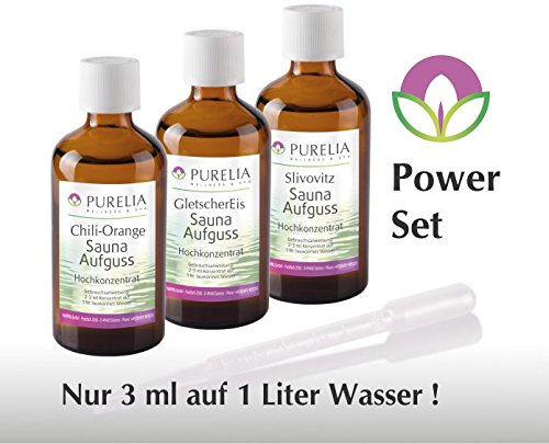 PURELIA Aufguss Power Set -3 x 50 ml GletscherEis-ChilliOrange-Slivovitz / 3ml Dosierpipette