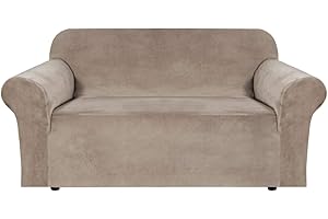 BellaHills Stretch Velvet Sofa Covers for 2 Cushion Couch Covers Sofa Slipcovers with Non Slip Straps Underneath The Furniture, Crafted from Thick Comfy Rich Velour (2 Seater, Taupe)