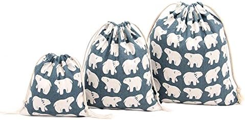 BIGBOBA 3Pcs Drawstring Bags Printed White Bear Beam Pocket Linen Cloth Bag Travel Storage Bag Gift Bag Wedding Party Bag Blue（S/M/L）