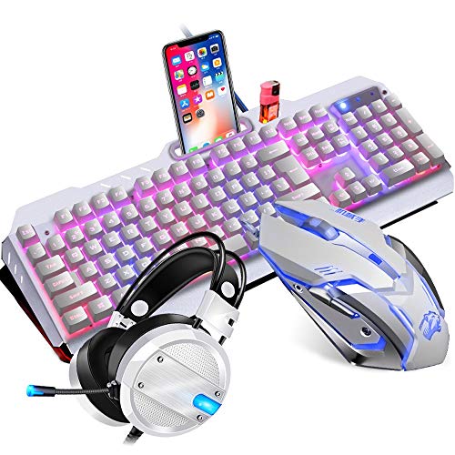 Preisvergleich Produktbild ILkeyko Game Keyboard Mouse Headset Dreiteiliges Kombinationsset Weiße Tastenkappe mit Farbiger Hintergrundbeleuchtung