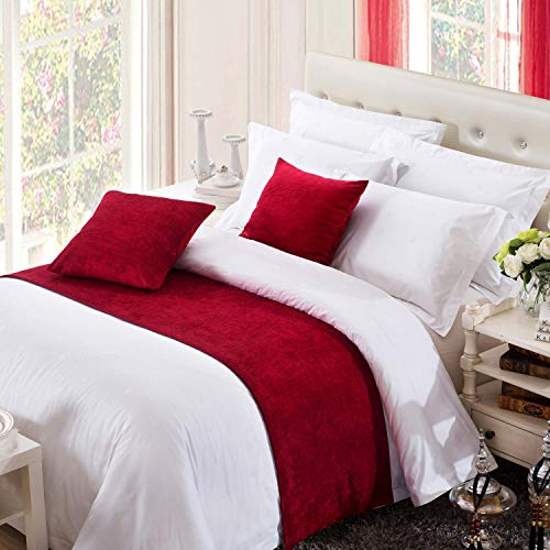 OSVINO Coureurs de Lit Décoratif Chemin de Lit Double Chenille Couleur Pure Simple, Rouge 240X50cm pour 180cm lit