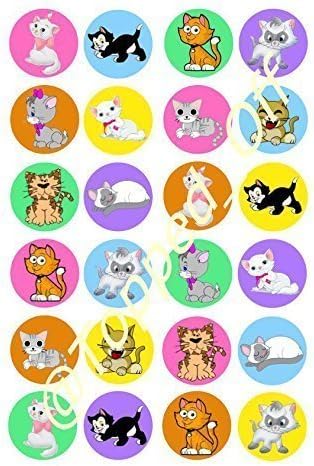 24 Cats & Kittens Round Edible Cup Cake Topper Decorations