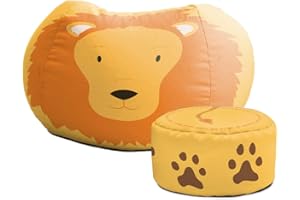 rucomfy Beanbags Kids Animal Printed Bean Bag Chair. Pre Filled Safe Toddler Bedroom Seat Comfy Children Playroom Furniture Decor. Machine Washable (Lion, Medium with Footstool)