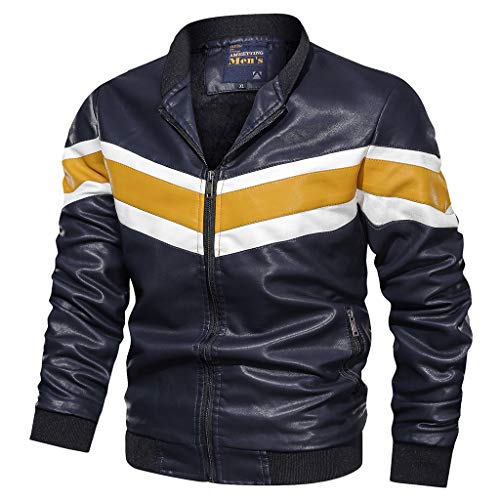 Preisvergleich Produktbild TWISFER Jacke Herren Leder Übergangsjacke Streifen Kunst Bomberjacke Mode Langarm mit Reißverschluss Fliegenjacke Winddicht Vintage Color Block Bikerjacke Destroyed Men Kunstleder Jacket