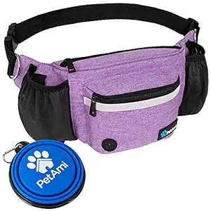 PetAmi Dog Fanny Pack, Treat Pouch for Dog Walking, Training, Built in Poop Bag Dispenser, Water Bottle Holder, Collapsible Bowl, Pet Treat Waist Belt for Hiking, Running, Kibbles (Purple)