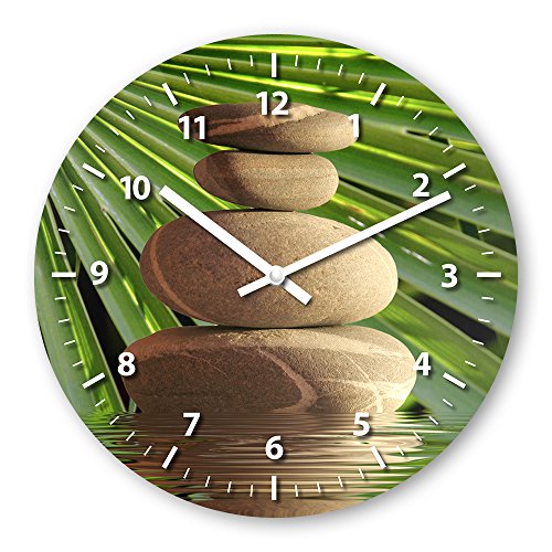 Wanduhr mit Motiv - Balance Steine - aus Echt-Glas | runde Küchen-Uhr | große Uhr modern