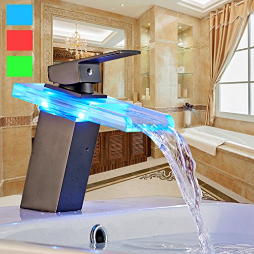 Auralum® Zeitgenössig Schwarz LED RGB Glas Mischbatterie Wasserhahn Armatur Wasserfall für Bad Badezimmer Spüle Waschtisch Waschtischarmatur Küchen
