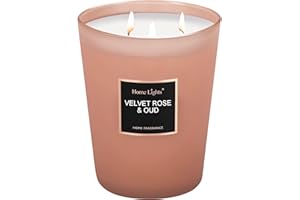 Home Lights Vela perfumada en tarro grande de diseño de lujo, 100% cera de soja natural, 33.26 oz, 3 mechas, altamente perfumada y duradera, rosa de terciopelo y oud