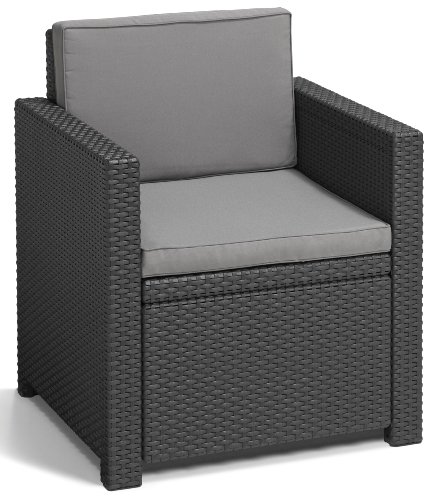 Allibert 220025 Lounge Set Monaco mit Kissenbox-Tisch 2x Sessel und 1x Sofa, Rattanoptik, Kunststoff, graphit