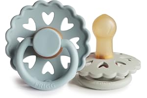 FRIGG Fairytale Latex Pacifier Pack of 2 | Natural Rubber Soother Dummy | BPA-Free | Made in Denmark | Symmetrical Cherry Shaped Nipple (Stone Blue/Willow Gray, Size 1 (0-6 Months))