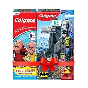 Colgate Kids Oral Care Variety Pack (for 6+ Years) ? Motu-Patlu and Batman (Bubble Fruit) Toothpaste, 80g each with Batman Toothbrush, 1pc