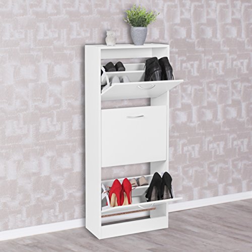 FineBuy Schuhkipper mit 3 Fächern für 18 Paar Schuhe | Moderner Schuhschrank in Weiß | Schuhkommode 50 x 24 x 125 cm - 6
