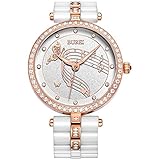 BUREI Elegante Damen Armbanduhr fürs Kleid mit Diamantkristall Gehäuse und Keramikarmband (Weiß - Roségold)