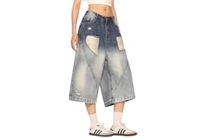 Lafaguw Jean court pour femme et homme - Taille haute - Jambe large - Baggy Jorts Y2K - Décontracté - Pantalon capris en denim - Vêtements d'été grunge.