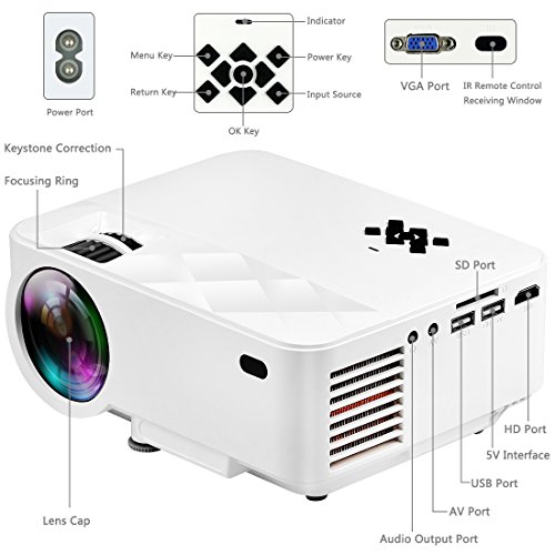 Mini Proiettore Yaufey T21 1800 Lumens LED Proiettore Home Theater portatile, nuovo aggiornato Collega a iPhone / iPad tramite cavo USB, Proiettore video supportando 1080P HDMI per Home Cinema TV Smartphone gioco