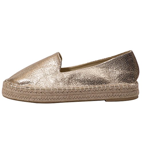 Japanwelt Plateau Espadrilles Damen Glitzer Gold Größe 39 - Sommer Leinenschuhe Slipper mit Plateausohle - 4