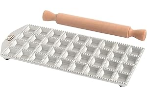 Marcato Stampo per Ravioli, Forme per Ravioli, Alluminio, Mattarello in Legno Incluso, Preparazione Facile, Design Elegante, RA-Q35X36-CLS