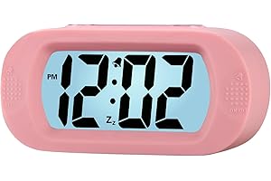 Plumeet Digital Alarm Clock Travel Clock with Snooze and Nightlight - Easy to Set Simple Bedside Alarm Clocks for Kids - Ascending Sound - Battery Powered (Baby Pink)