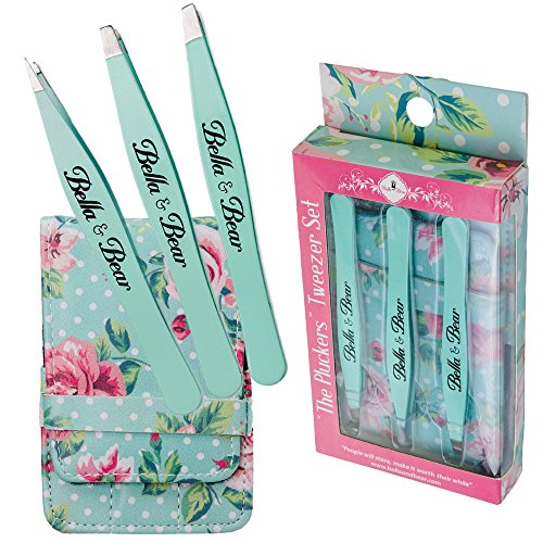 3 Piece Best Tweezers Set By Bella & Bear. 100% Guaranteed Professional Precision Stainless Steel Tweezer Set With Case, Includes Slant, Pointed & Flat Tip Tweezers. Great Eyebrow & Eyelash Tweezers